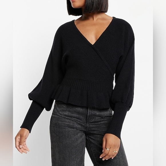 Express Black Ribbed V-Neck Wrap Peplum Sweater XS